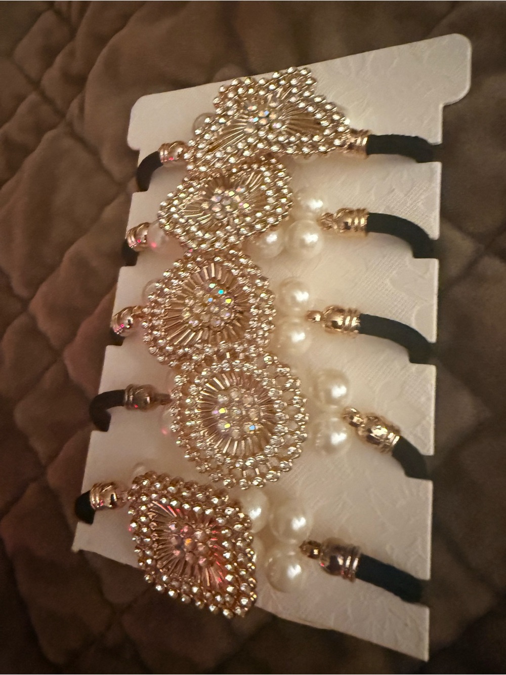 Gold Crystal & Pearl Elastic Hair Tie Set - Women's Decorative Hair Accessories